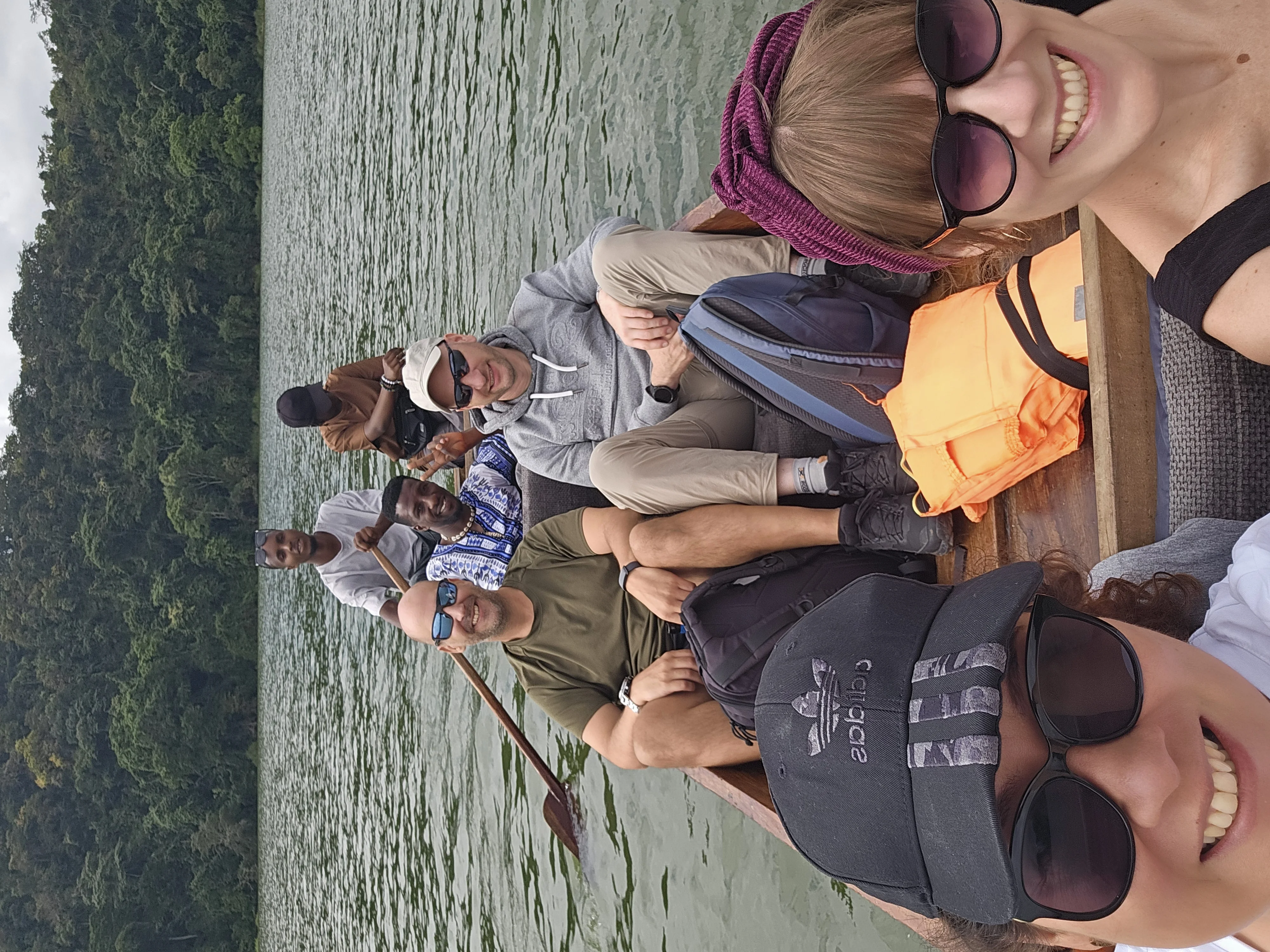 Canoeing the Momella Lakes with a good crew — flamingos in the distance, laughter closer in.